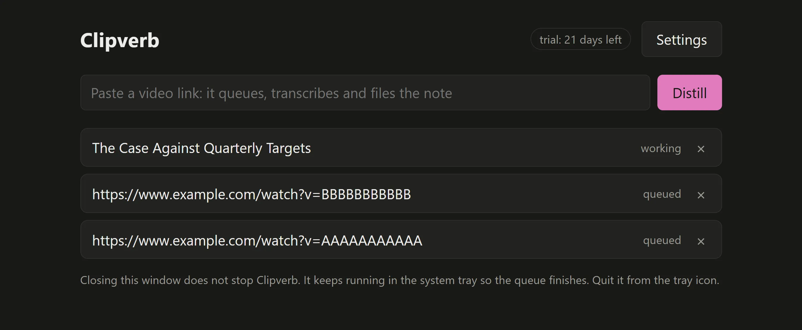 The Clipverb window on its queue: three rows, one being fetched and two waiting, each showing the link that was pasted.