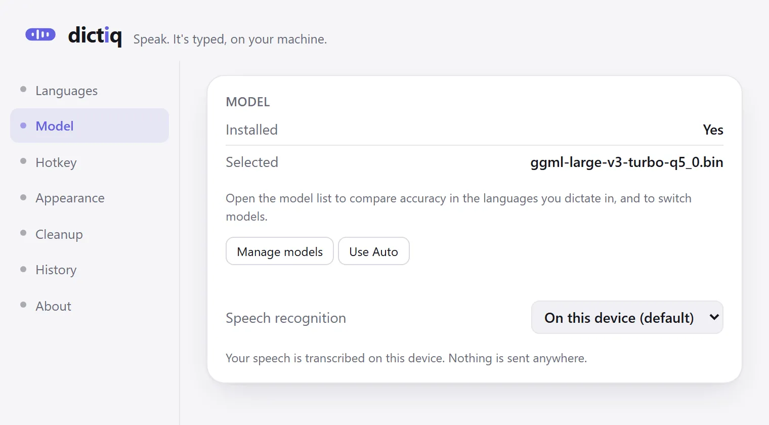 The Dictiq settings window on its Model section: the speech model shown as installed with one model selected, and speech recognition set to run on this device.
